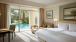 © visoot - Bright guest room with king bed pool view modern furniture large window palm trees cozy seating serene atmosphere luxury hotel