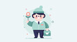 © Hersa - A plump character in a teal suit and hat holds a flower and briefcase