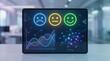© Nasrin - Customer feedback dashboard on digital tablet, glowing emoji rating icons with data analytics charts, business sentiment analysis interface