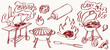 © lineandcircle - Sketchy barbecue illustration collection with meat, sauces, and grilling equipment. Ideal for backyard cookout flyers, culinary blog graphics, and rustic kitchen decor designs.