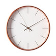 © Sawyer0 - Classic minimalist round analog wall clock featuring a smooth metallic copper or rose gold frame, a clean white dial face, thin elegant black hour markers, and precise hands indicating exactly ten min