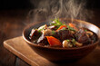 © nirwati - Beef bourguignon is a classic French dish, a slow-cooked beef stew with red wine sauce, carrots, mushrooms, and onions in a simple bowl.