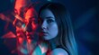 © Egys - Young woman with a thoughtful expression captured in a surreal double exposure with vibrant red and blue light effects.