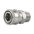 © Totomonk - Industrial fluid gas handling components stainless quick connect coupling with knurled sleeve closeup showing male threaded end and polished metal