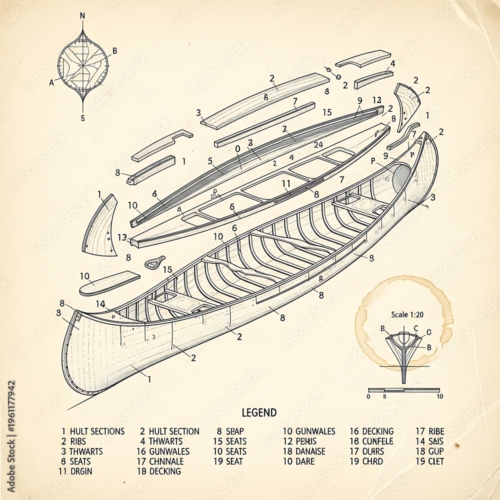 Exploded view diagram of a vintage wooden canoe showing its parts and ...
