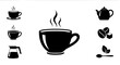 © New_bundles - Cup coffee icon set with steam rising from black silhouettes of mug, teapot, coffee beans, and pot featuring silhouette, hot, drink with beverage and