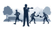 © mamo studios - Professional silhouette illustration of active seniors jogging, stretching, and playing pickleball in a park setting isolated on white background for elderly wellness and healthy lifestyle concepts.