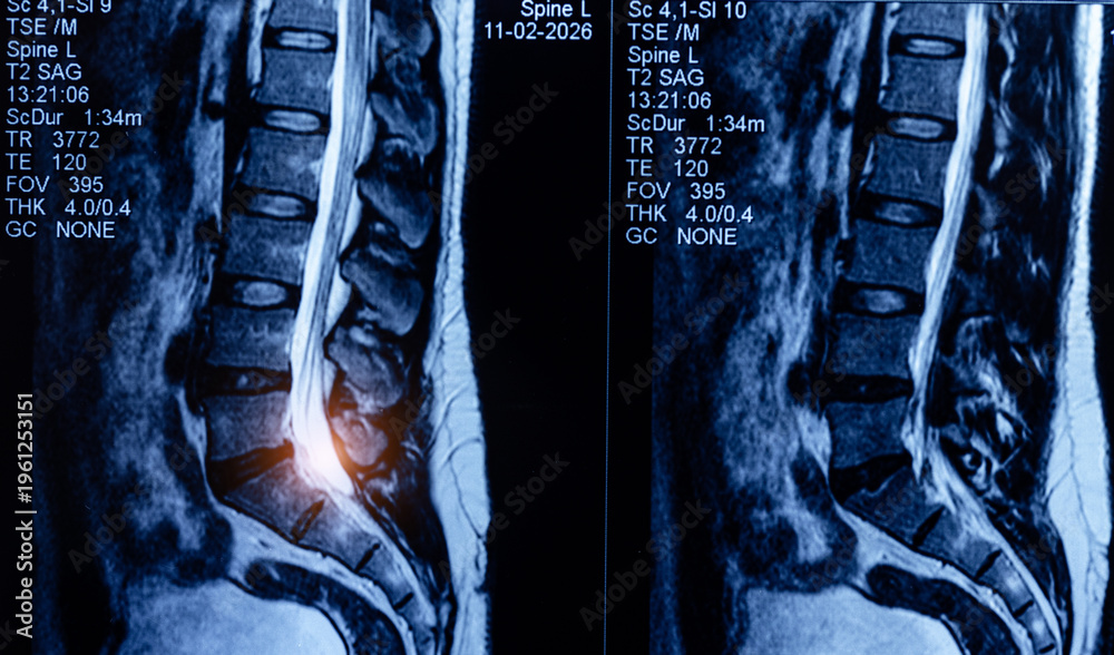 Sagittal lumbar spine mri scan with highlighted disc region for ...