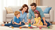 © Luiz - Ultra-realistic vector scene of a happy family spending time together in a brightly lit living room, with soft natural colors and cinematic lighting.