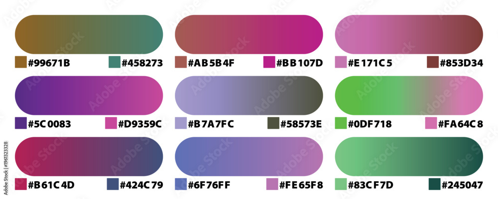 Professional color palette collection with hex codes, set of 9 gradient ...