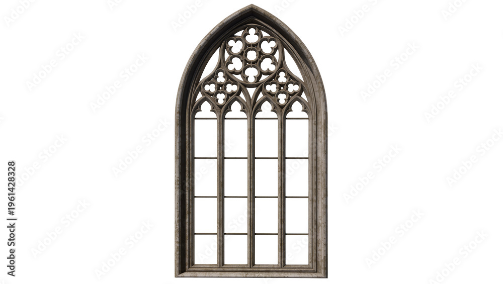 Ornate gothic arched window frame with trefoil detailing, beautifully ...