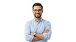 © Elzayady - Confident young businessman with glasses and beard, smiling professional man in light blue shirt, successful entrepreneur with crossed arms on white background