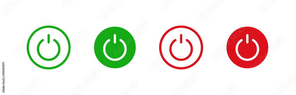 Power button icons set in green and red, on off symbols, minimal circle ...