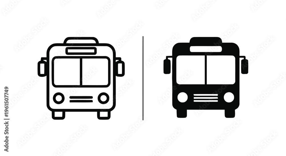 Vector illustration of set of bus icons, front view, line and solid ...