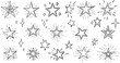 © crea8ive - A collection of black outline hand-drawn stars featuring various sketchy styles, including sparkling stars, twinkling celestial elements, and hand-shaded astronomical shapes on plain white background.