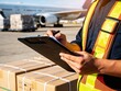 © Netsai - A cargo handler reviews documents on a clipboard at an airport, with an aircraft and packages ready for shipment.