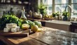 © Aldo - Fresh ingredients for a healthy meal are artfully arranged on a rustic kitchen counter