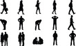 © Jahanara - Collection of people silhouettes in various walking, standing, and interacting poses isolated on white background, everyday life and social behavior concept