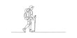 © Badhon_Designer - Continuous line drawing of a male hiker with a backpack and trekking pole walking on a path