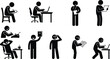 © Insa Batool - Várias figuras de palito pretas representando pessoas em diferentes atividades de trabalho, estudo e pensamento, incluindo escrita, leitura e uso de computador.