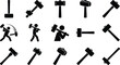 © Insa Batool - 다양한 망치와 망치를 사용하는 사람들의 실루엣 아이콘 세트.