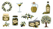 © Mst - Comprehensive collection of olive related products including jars of pitted olives, bottles of oil, fresh branches, and a martini glass.