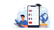© Marcia - Young man using his digital tablet to learn different languages on a mobile application with various national flags and icons.
