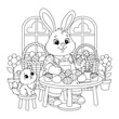 © Crafter - Easter bunny painting decorated eggs with kitten at table in cozy spring room