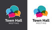 © John - A town hall meeting discussion with diverse speech bubbles icons.