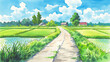 © mamemo - 夏の田園風景と水田の小道 手描き風イラスト背景素材