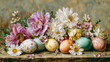 © Katerryna.R - Easter eggs and peony flowers arrangement on rustic wooden background, romantic spring botanical still life