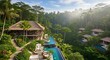 © VIRGHIANTI - Luxurious tropical resort with infinity pools and villas nestled in a lush green jungle valley, surrounded by dense foliage and misty mountains.