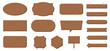 © kona Graphics - Wooden frame set with hanging board arrow signpost speech bubble and geometric plates in natural brown wood texture and subtle shadow for message display
