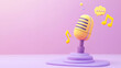 © jie - Vibrant 3D illustration of a yellow vintage style microphone on a purple stand with musical notes and chat icon symbols against a pastel pink background with copy space