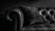 © Harry - A close-up view of a luxurious black leather sofa with a pillow in a dark room
