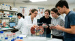 © logonv - Woman professor showing kidney model to students in laboratory. Anatomy class in university. Science education, medical research, biology study, academic classroom, professor instructing youth.