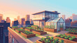 © Karina - Vector illustration of a modern urban rooftop garden with a greenhouse and solar panels. A peaceful cityscape at sunset, ideal for sustainability and eco-living concepts.
