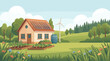 © Karina - Vector illustration of an eco house with solar panels and a wind turbine. A concept for sustainable living, renewable energy, and green technology in a rural landscape.