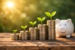 © Visi Hue - Small green plants are visibly growing out of increasing stacks of golden coins, next to a white ceramic piggy bank, symbolizing financial growth and sustainable investment.