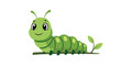 © Ruhul - Cute and friendly green cartoon caterpillar with large expressive eyes crawling along a small branch with fresh leaves.