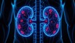 © Grastiya - 3D Rendering of Human Kidneys with Red Tumor Cells, Part of Human Body in Blue on Dark Background