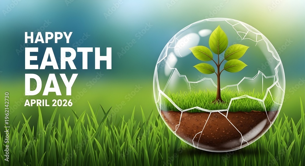 Happy Earth Day April 2026 inside cracked glass sphere with tree and ...