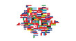 © YUDA - A vibrant collage of national flags from around the world, arranged in a dynamic, swirling pattern at the center, symbolizing global unity and international relations.