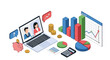 © Rio - Isometric Financial Analysis and Online Business Meeting Illustration with Charts and Graphs.