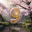 © Christian - Golden Number Nine Surrounded by Blooming Cherry Blossoms Near a Serene Pond