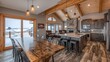 © phit - Rustic open concept living area features a large dining table and full kitchen with outdoor winter view
