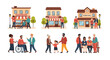 © Subrim - Diverse Community Interactions in Public Spaces: People Gathering at General Hall, Cafe, and Town Hall – Flat Vector Illustration