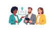 © Monica - Diverse Business Professionals Collaborating, Sharing Ideas, and Learning with Knowledge and Technology Icons. Teamwork, Brainstorming, and Education Concept Illustration.