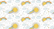 © Mikeyu - Seamless nursery pattern with happy smiling sun characters, rainbows, clouds, and stars for children room and baby textile.