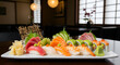 © bappi - Assorted sushi and sashimi platter with salmon tuna and avocado rolls